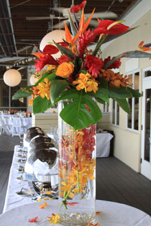 Tropical arrangement to compliment Hawaiian themed menu at Lesner Inn